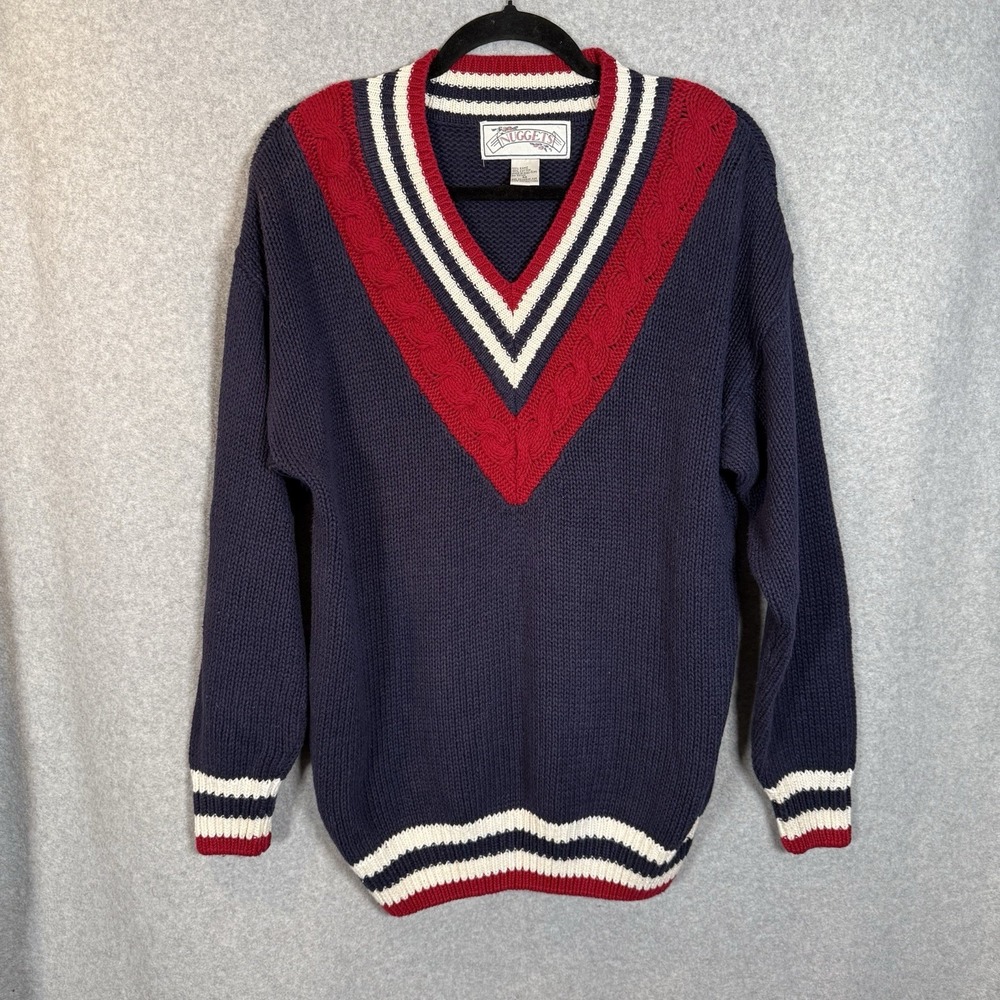 Vintage Varsity Sweater‎ Womens Medium Nuggets V Neck Navy Blue Cotton Pullover